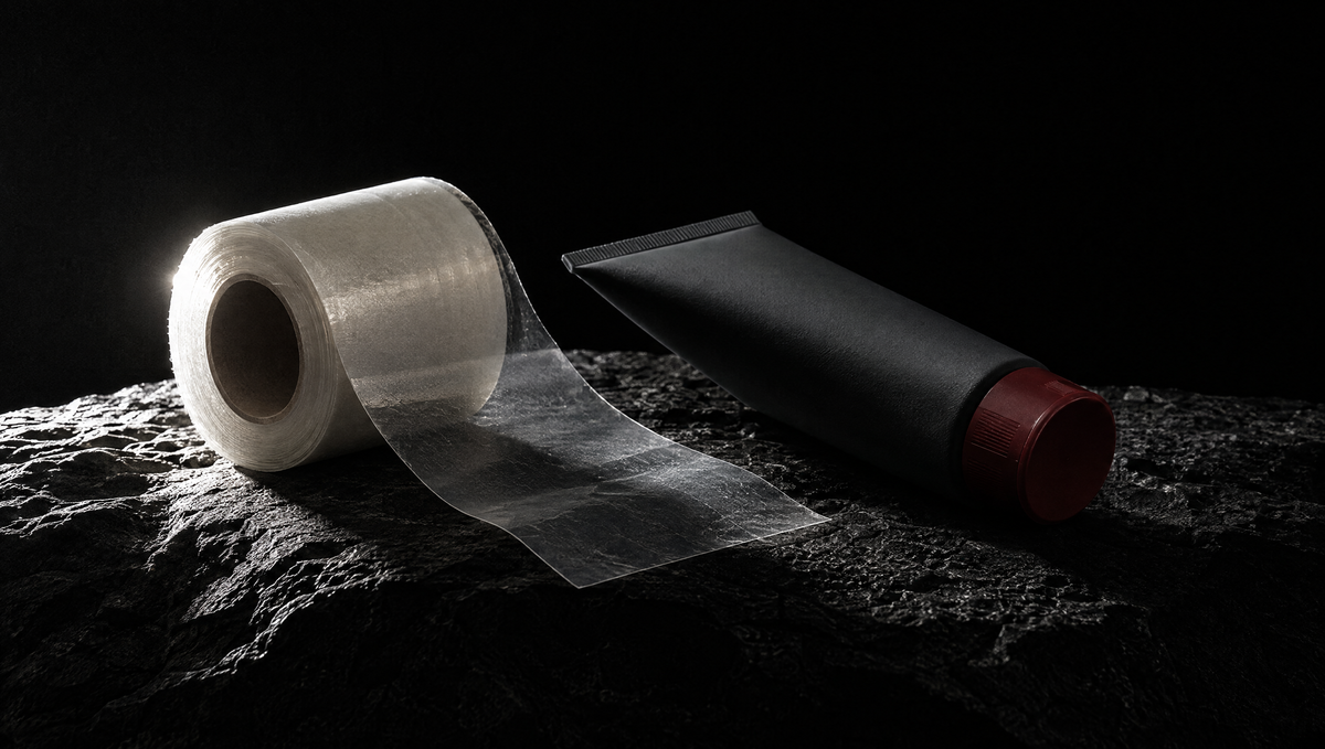 Cure: a roll of healing film and an aftercare tube on dark stone