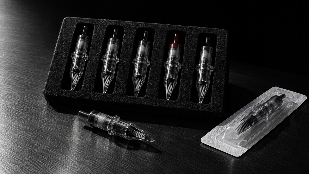 Cartridge: five needle cartridges in a foam tray, one sealed blister beside