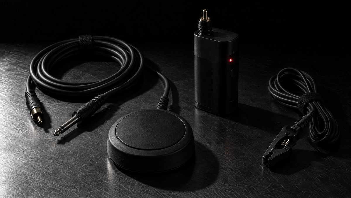 Machine: RCA cord, foot pedal, wireless battery and clip cord on a steel bench