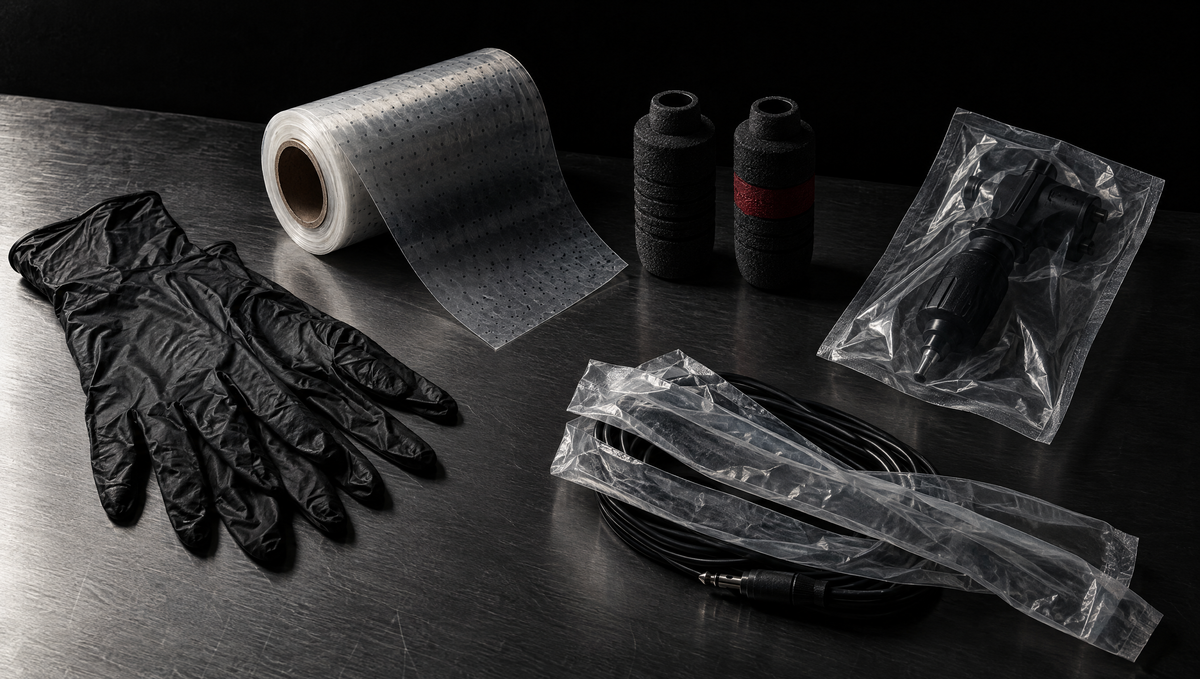 Barrier: gloves, barrier film, grips, a bagged machine and sleeved cord on a steel bench
