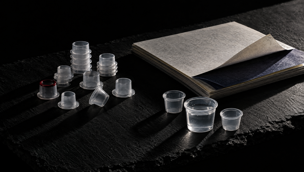 Structure: ink caps, stencil paper and rinse cups on dark slate