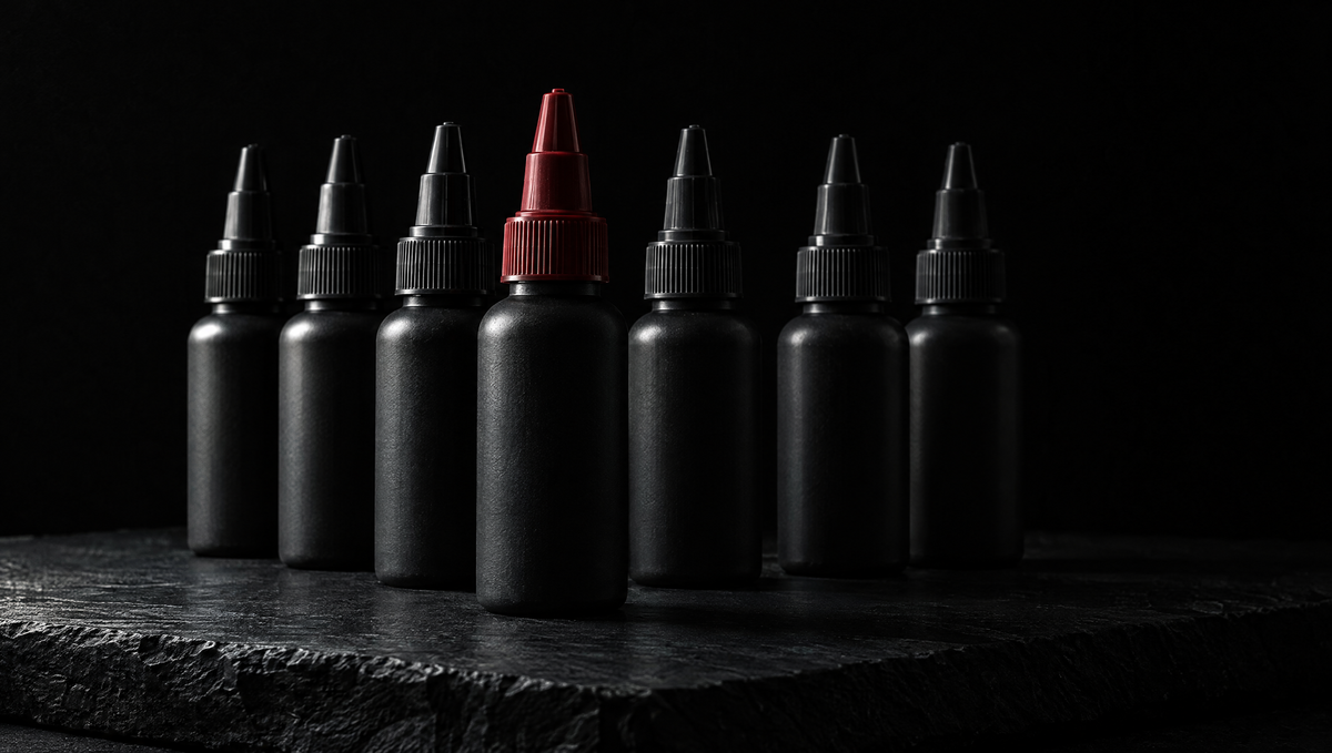 Pigment: a row of unlabelled black ink bottles