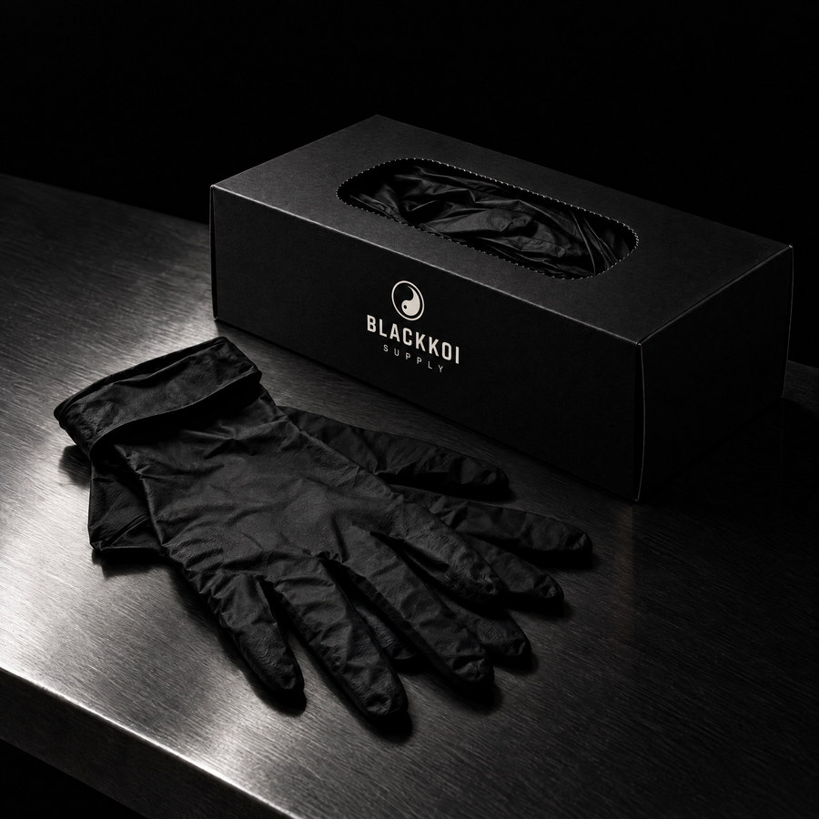 Black nitrile gloves with the BlackKoi Supply dispenser box
