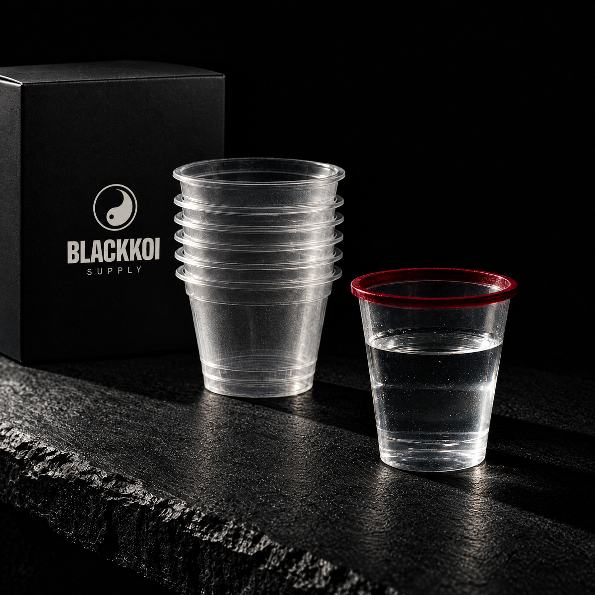 Rinse cups with the BlackKoi Supply box