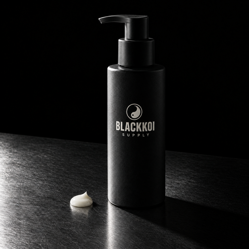 Daily tattoo lotion, 100 ml pump bottle in BlackKoi Supply packaging, on brushed steel