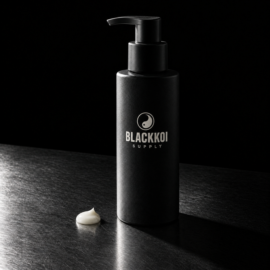 Daily tattoo lotion, 100 ml pump bottle in BlackKoi Supply packaging, on brushed steel