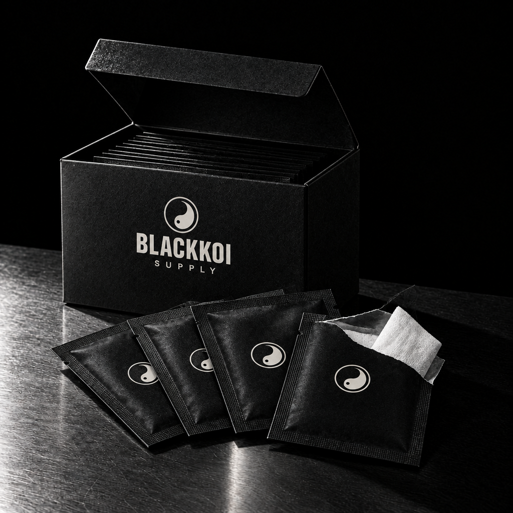 Aftercare wipes: BlackKoi Supply carton with individually wrapped sachets, one opened