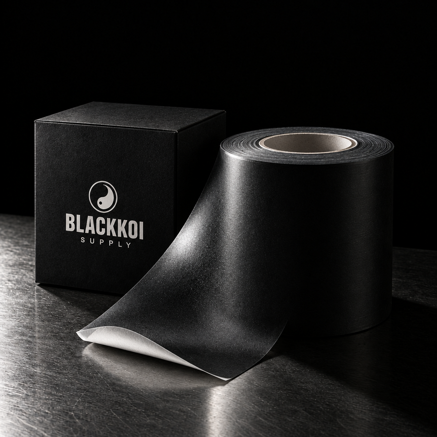 Black second skin film roll unrolled beside its BlackKoi Supply box