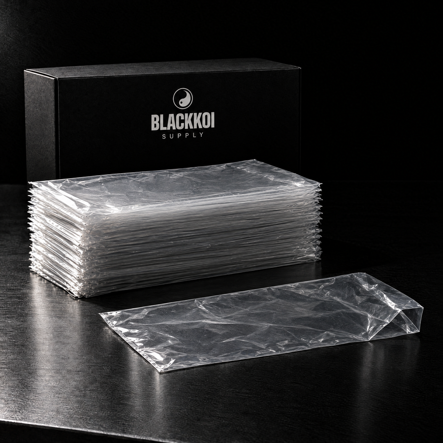Machine bags with the BlackKoi Supply box: a stack of flat clear bags and one laid open
